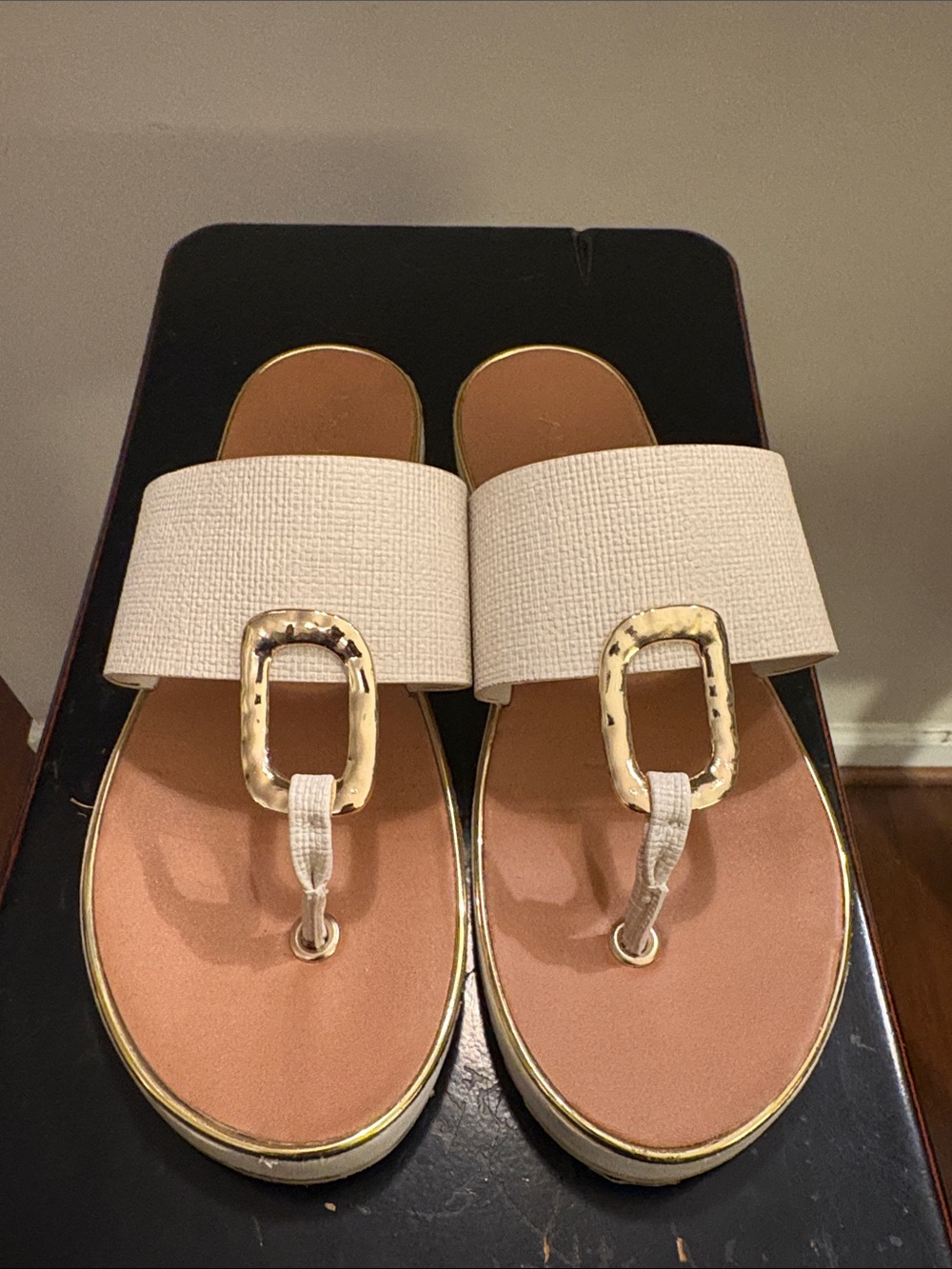 Aldo Cream Wide-Band Sandals with Gold Buckle